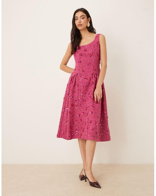 Sister Jane Pink Dream Hollywood Sequin Tweed Scoop Neck Drop Waist Midi Dress