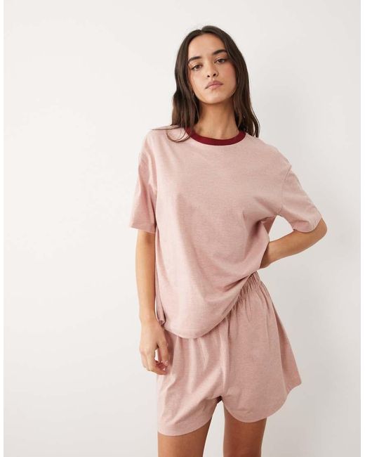 ASOS Pink Cotton Slub Short Sleeve Tee And Short Set With Contrast Neck Binding