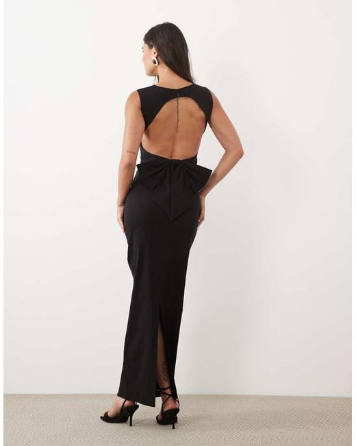 TFNC London Black Bengaline Slash Neck Open Back Bow Detail Maxi Dress