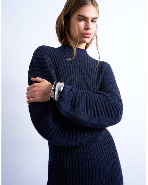 TOPSHOP Blue Knitted Cocoon Ribbed Dress