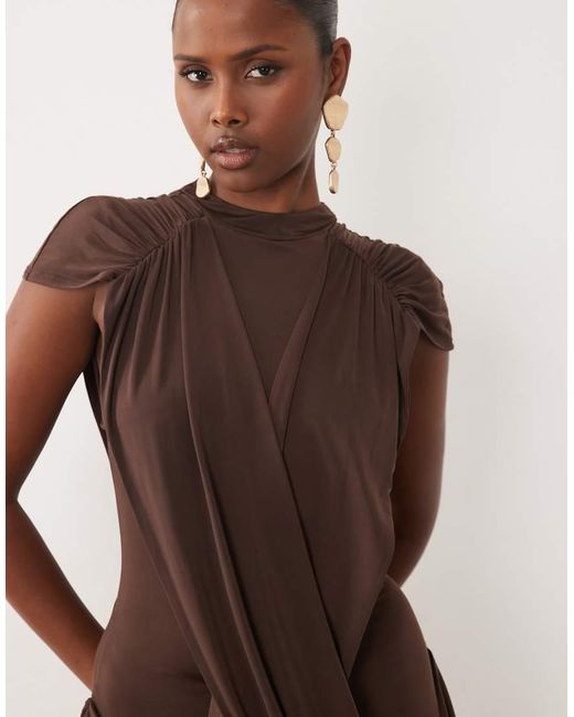 ASOS Brown High Neck Floor Length Maxi Dress With Draped Bodice