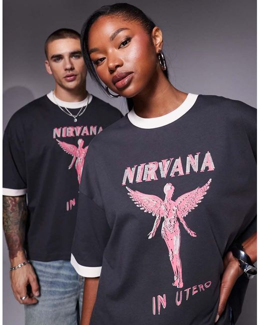 Camiseta Gris Carbón De Corte Cuadrado Extragrande Con Ribetes Y Estampado De Nirvana En El Pecho De ASOS de color Blue