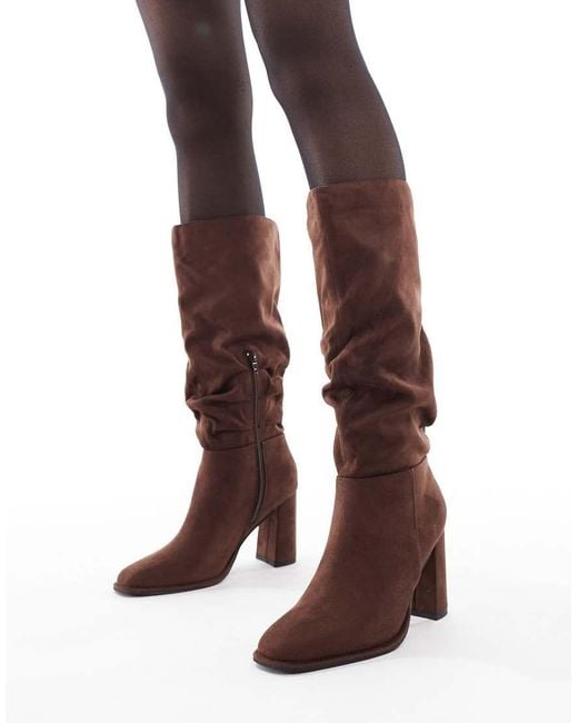 London Rebel Brown Maggie Slouchy Block Heel Boots