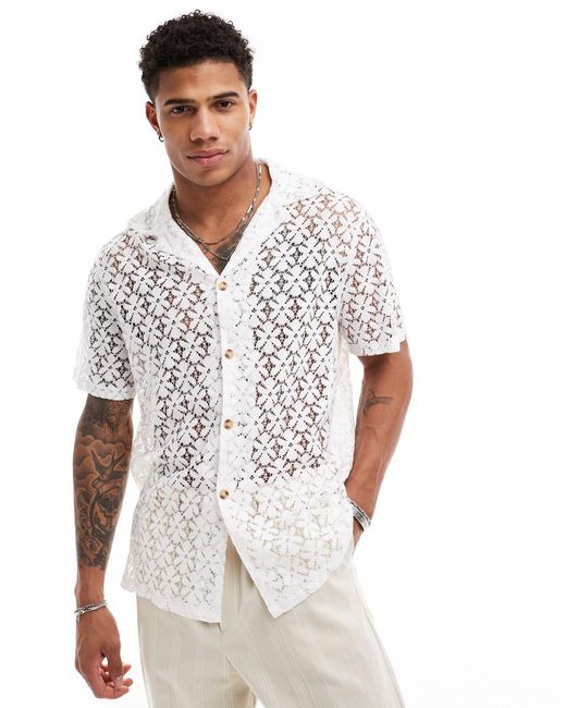 ASOS White Short Sleeve Relaxed Fit Deep Revere Collar Flower Lace Shirt for men