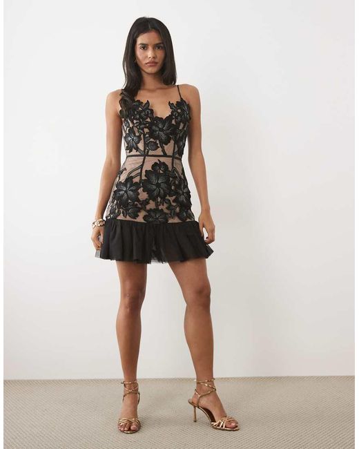 JW PEI Black Lace Floral V-neck Ruffle Hem Cami Mini Dress