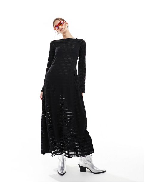 Monki Black Open Knit Pointelle Maxi Dress With Long Sleeves And Open Back