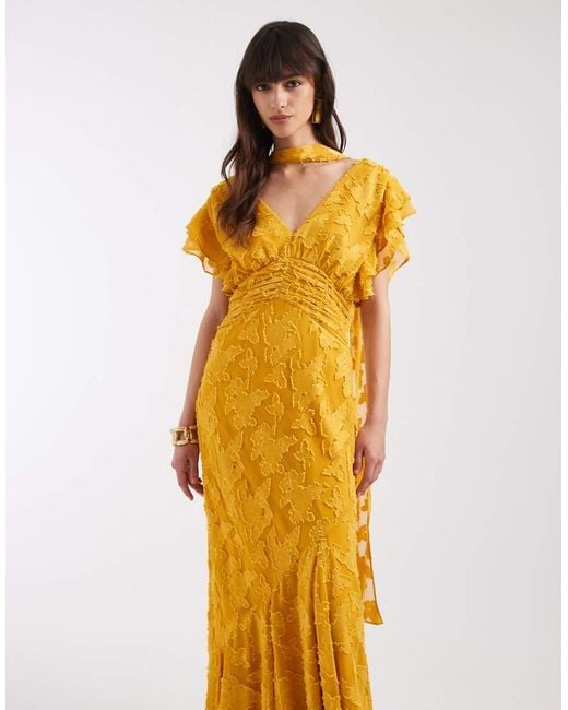 Pretty Lavish Metallic V Neck Frill Jacquard Godet Maxi Dress
