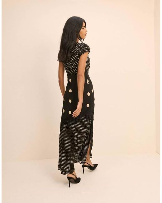 Nobody's Child Natural Polka Dot Lace Trim Satin Gloria Maxi Dress