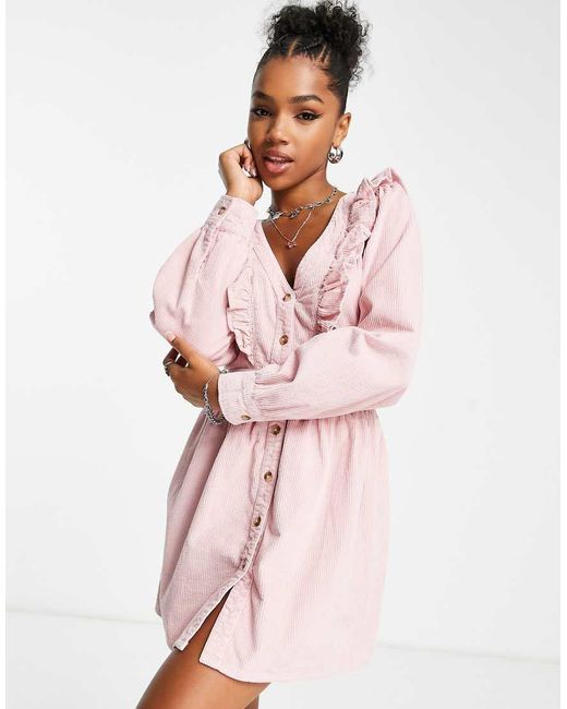 Miss Selfridge Pink Ruffle Yolk Corduroy Dress