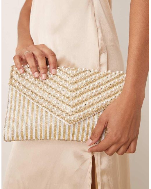 Pochette A Busta A Righe Con Perline E Perle di True Decadence in Natural