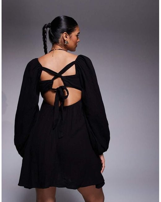 Princess Polly Black Let's Dance Cotton Linen Look Puff Sleeve Long Sleeve Open Tie Back Mini Smock Dress