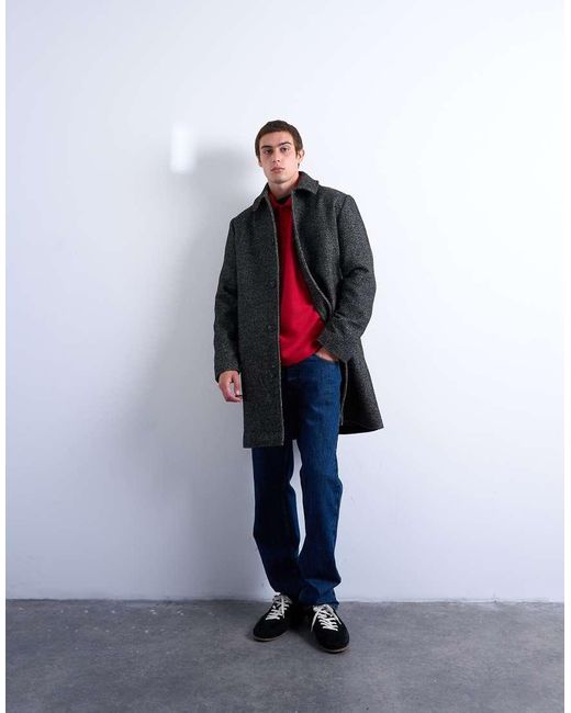 Topman Black Herringbone Wool Blend Overcoat for men