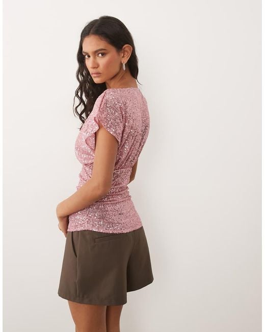 Miss Selfridge Sequin V-neck Top With Gathered Waist