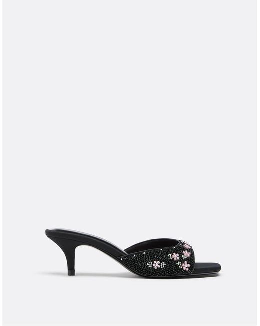 Stradivarius Black Heeled Mule Sandals With Bead Detail