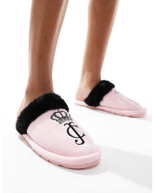 Juicy Couture Pink Velour Diamante Slippers With Faux Fur Trim