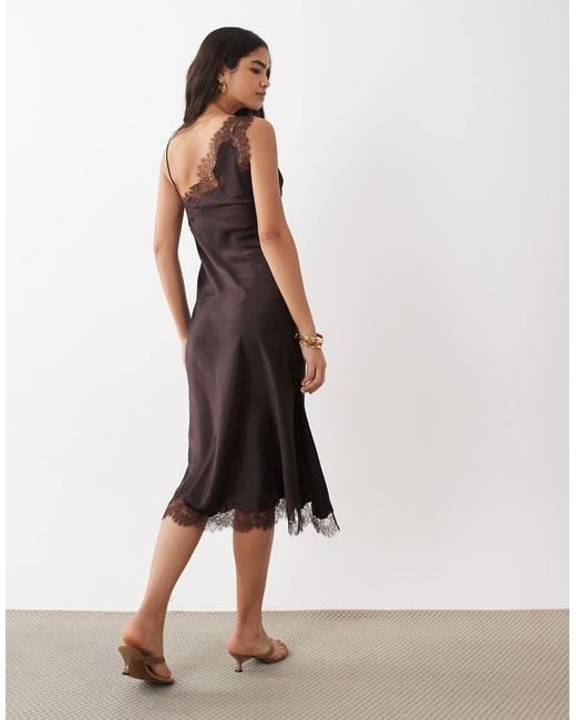 Mango Brown Satin Asymetric Hem Midi Dress With Lace Detail