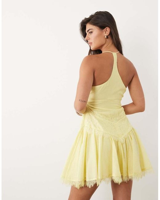 ASOS Natural Halterneck Mini Dress With Lace Trim Details