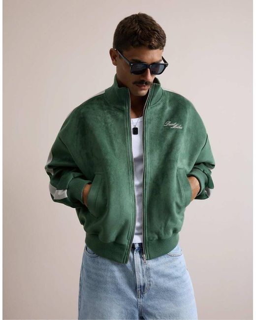 Bershka Green Boxy Suede Jacket With Stripe Detail for men