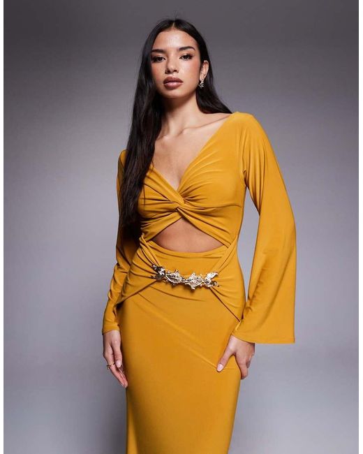 ASOS Metallic Long Sleeve Drape Front Maxi Dress With Gold Fish Trim