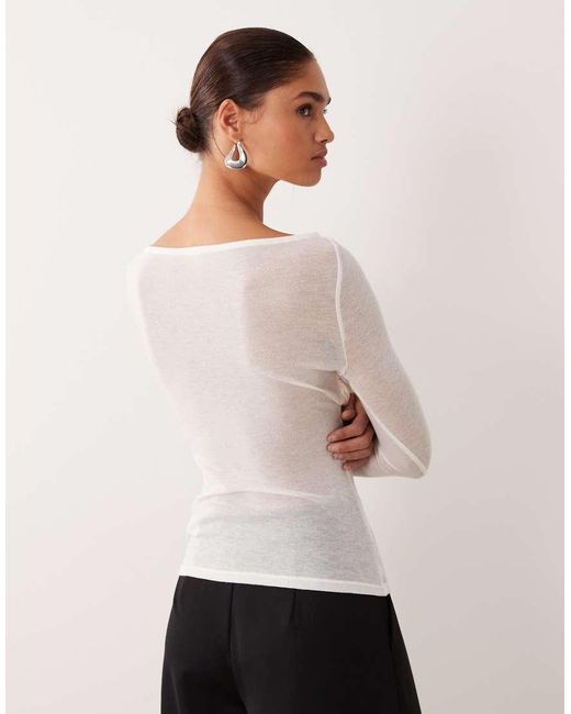 ASOS White Knit-look Semi Sheer Long Sleeve Top With Ruched Bust Overlay