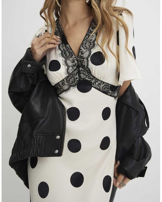 River Island White Satin Polka Dot Midi Slip Dress