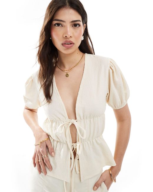ASOS White Crinkle Textured Puffball Top With Tie