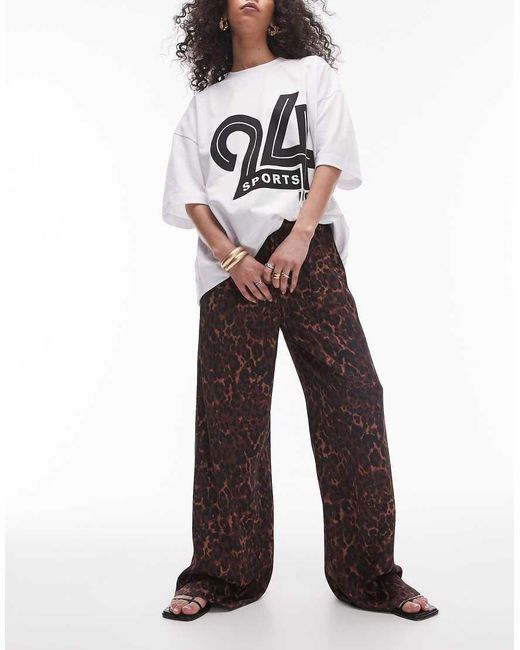 TOPSHOP White Leopard Printed Satin Straight Leg Tie Waist Trouser