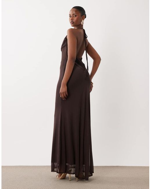 ASOS Brown Mesh Maxi Dress With Corset And Cowl Detail