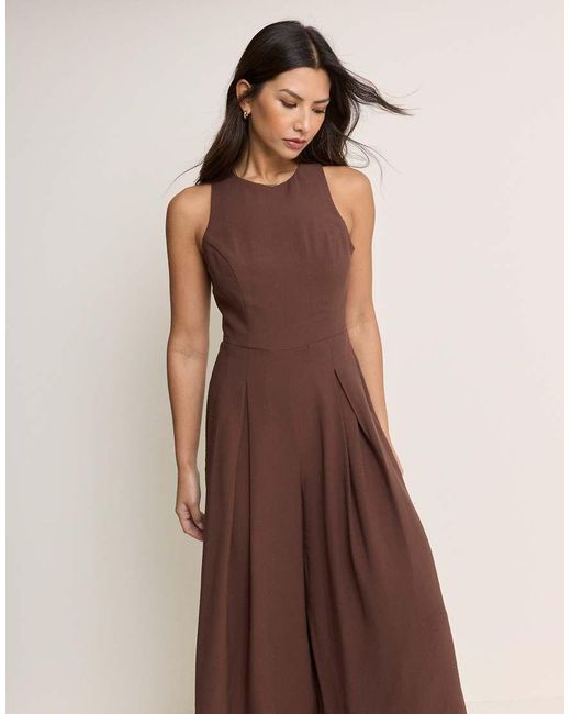 Nobody's Child Brown Reign Linen Blend Sleeveless Pleat Detail Jumpsuit