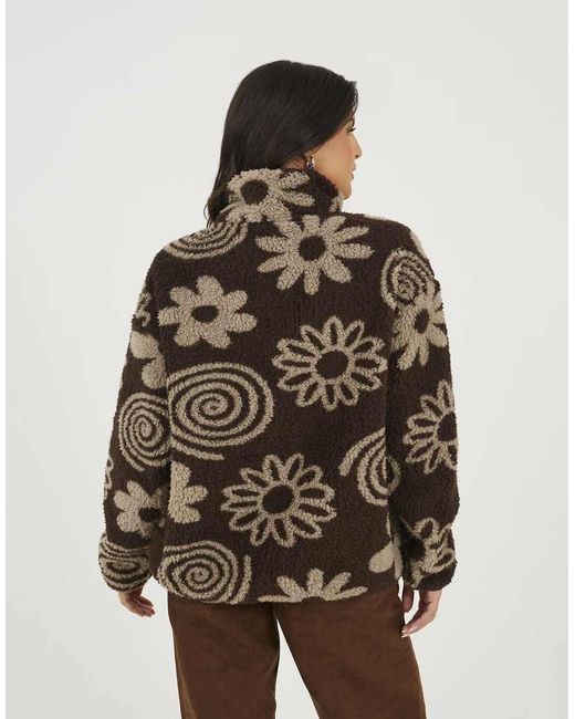 Brave Soul Brown Quarter Zip Flower Print Sherpa Fleece