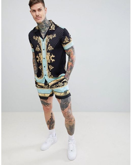 Camisa negra con estampado dorado de SIKSILK de hombre de color