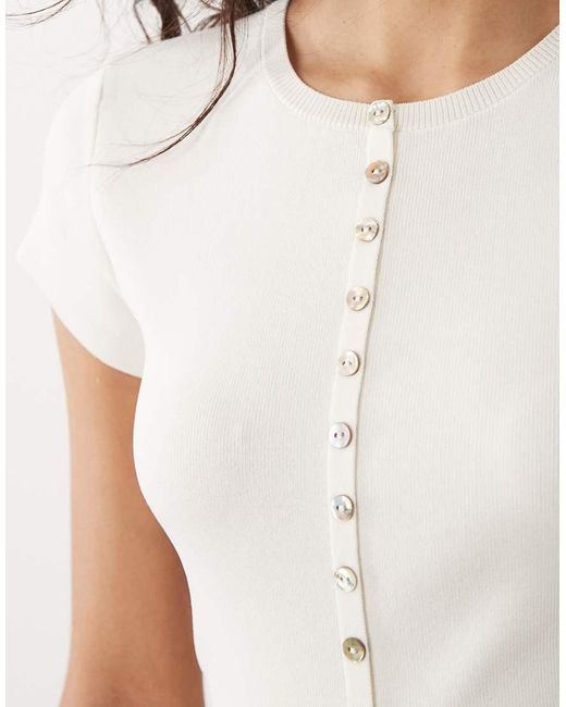 Mango White Button Through Knitted Short Sleeve Top
