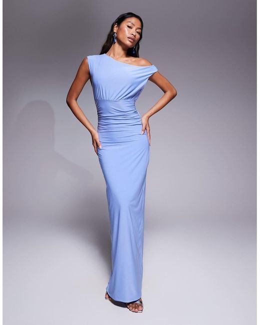 Fashionkilla Blue Double Sculpted Slinky Sleeveless Asymmetric Neck Ruched Bodycon Maxi Dress
