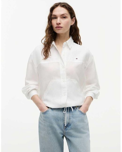 Tommy Hilfiger White Relaxed Fit Drawstring Shirt With Linen