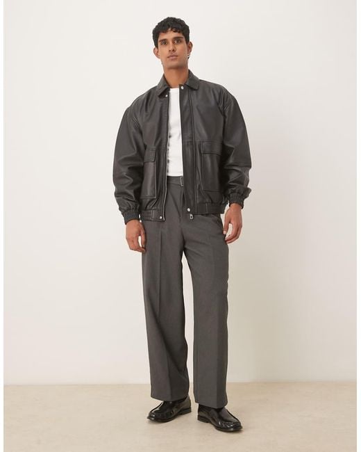 ASOS Gray Oversized Real Leather Bomber Jacket for men