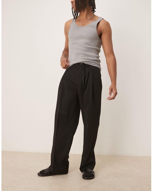 ASOS Natural Smart Wide Leg Trousers With Thin Belt And Double Pleats for men