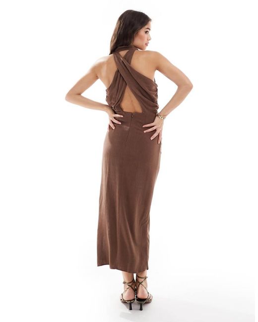 ASOS Brown High Neck Cross Back Column Midi Dress