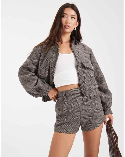 4th & Reckless Gray Wool Feel Pocket Detail Contrast Collar Balloon Sleeve Bomber Jacket Co-Ord
