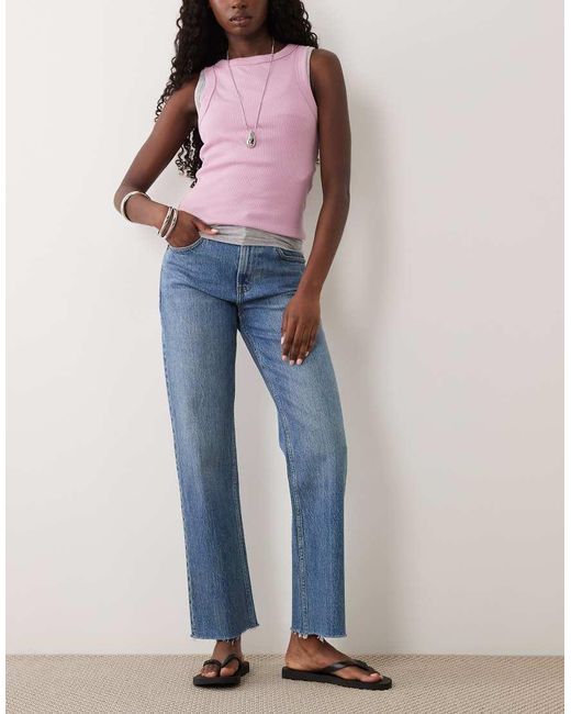 Abercrombie & Fitch Blue High Rise Straight Leg Jeans With Raw Hem