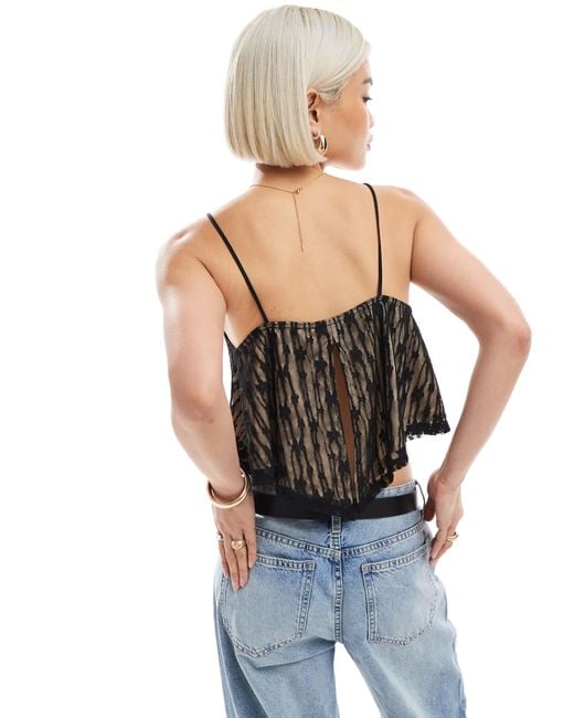 Miss Selfridge Black Lace Floaty Split Back Cami Top