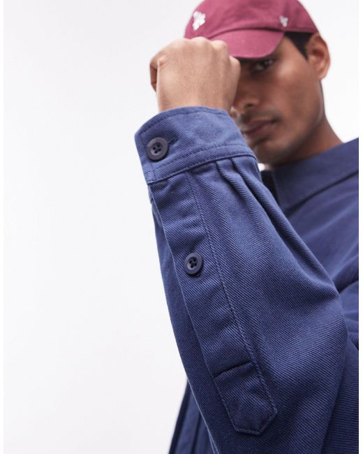 Topman Blue Long Sleeve Oversized Double Pocket Twill Shirt for men