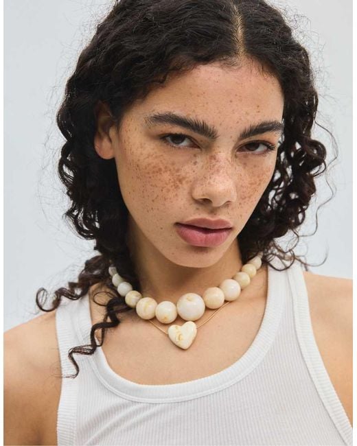 Stradivarius White Set Of 2 Beaded And Heart Necklaces