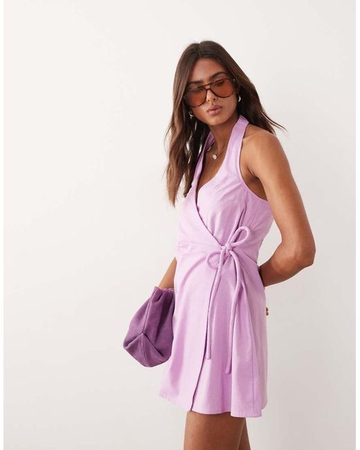 ASOS Pink Cotton Linen Halter Neck Wrap Mini Sundress