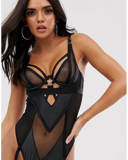 Ann Summers Black Alina Cut Out Mesh Bodysuit With Removeable Suspenders