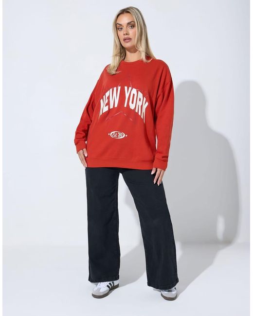 Yours Clothing Red 'New York' Slogan Sweatshirt