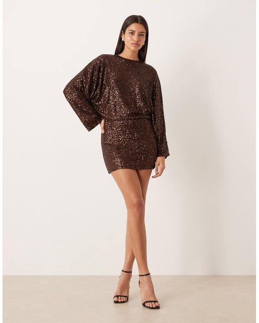 Gina Tricot Brown Long Sleeve Sequin Low Back Mini Dress
