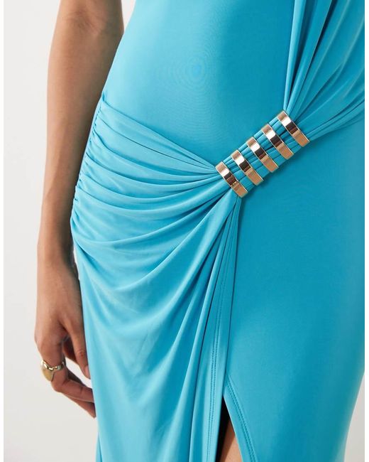 ASOS Blue High Neck Slinky Maxi Dress With Draped Metal Hardware