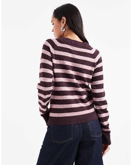 Maglione A Righe Color Bordeaux E Rosa Mélange Con Scollo Rotondo di Vero Moda in Red