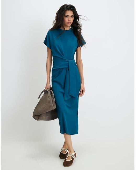 River Island Blue Premium Short Sleeve Tie Side Midi Dress