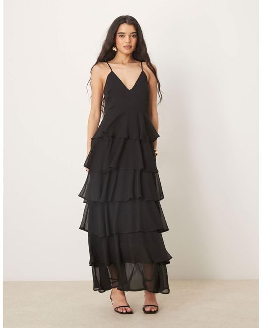 Pretty Lavish Women's Black Textured Ruffle Maxi Dress